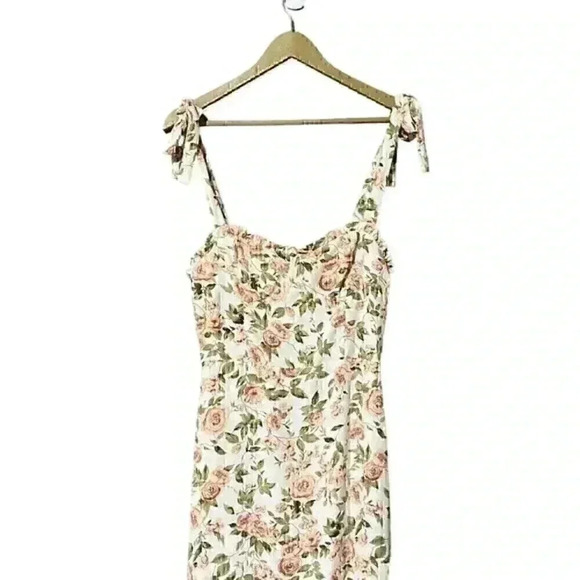 O.P.T. Floral Midi Dress L Cream Sweetheart Neck Ruffle Hem Bows NWT Coquette - Picture 4 of 9